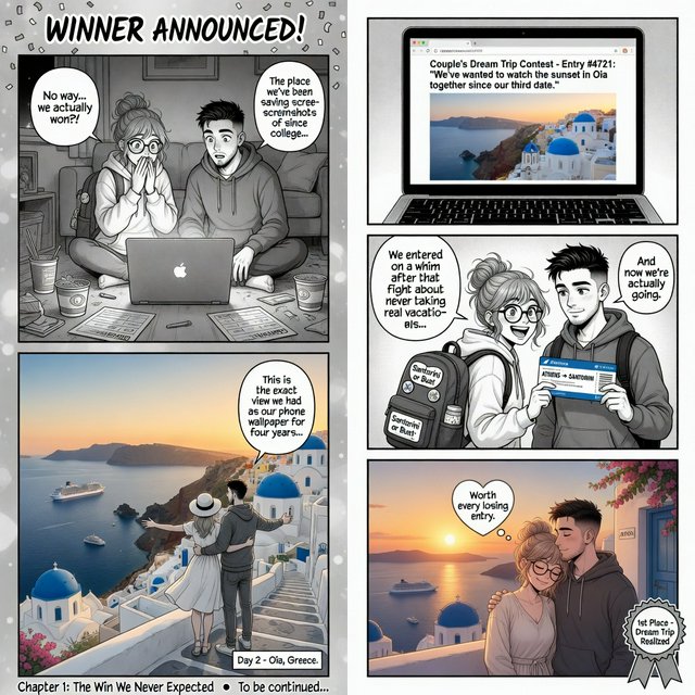 A realistic manga about a couple who entered a contest and ended up winning a trip to a place they always wanted to go. — Grok Imagine Image Quality