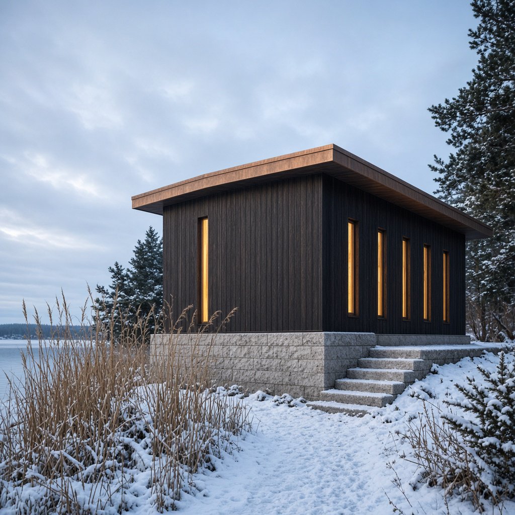 Exterior of a Scandinavian modernist lakeside sauna pavilion, blackened timber cladding, pale granite plinth, copper roof, winter blue-hour light glowing through narrow windows, viewed from a snowy reed-lined path, straight structural geometry and plausible construction. — Grok Imagine Image 2