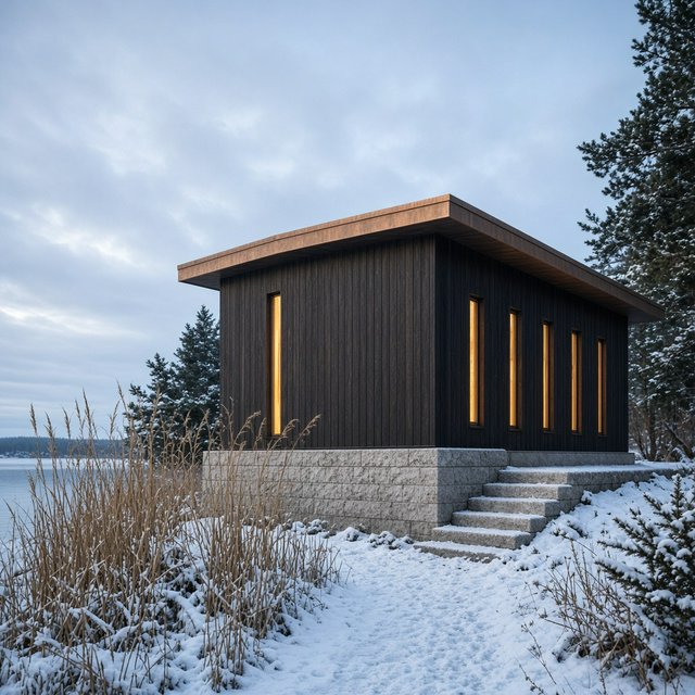 Exterior of a Scandinavian modernist lakeside sauna pavilion, blackened timber cladding, pale granite plinth, copper roof, winter blue-hour light glowing through narrow windows, viewed from a snowy reed-lined path, straight structural geometry and plausible construction. — Grok Imagine Image 2