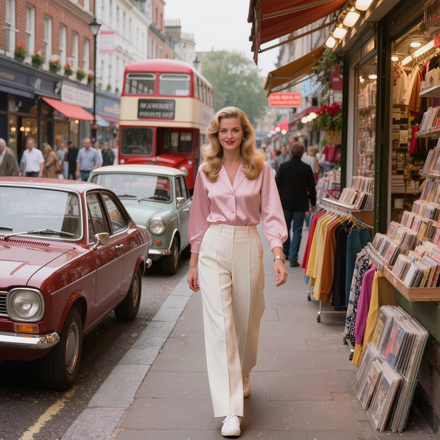 A glamorous woman walking down a busy UK high street in 1977. There are cars, buses and shops full of merchandise. Something surprising catches her eye. — Kling v3