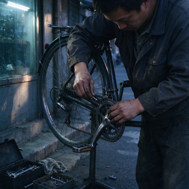 Candid documentary photograph of an adult repairing a bicycle at a quiet curbside workshop, cool morning window light, 50mm lens with shallow depth of field, grease smudges on their fingertips. — Seedream 5.0 Flash