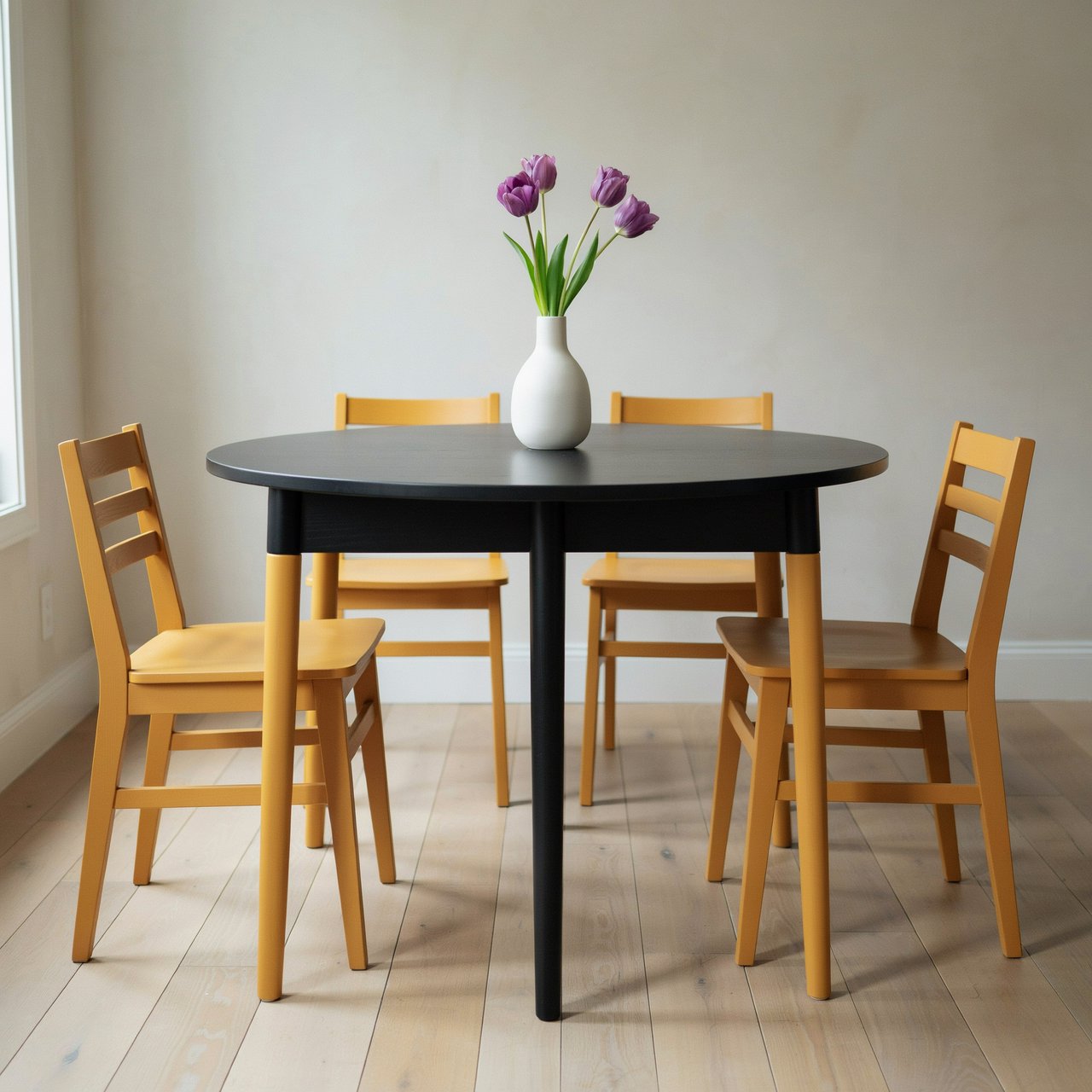 Exactly four yellow wooden chairs surround a round black table: two chairs at the front, one on the left, and one on the right. A white vase with three purple tulips sits at the table center, nothing else. — Ideogram v4