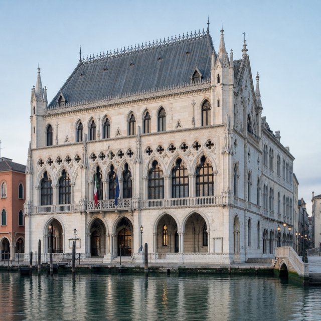 Exterior of a Venetian Gothic opera house beside a quiet canal, pale Istrian limestone, pointed arches, quatrefoil tracery, and a steep slate roof; cool morning light, viewed from across the water, crisp masonry lines and believable structure. — GPT Image 2
