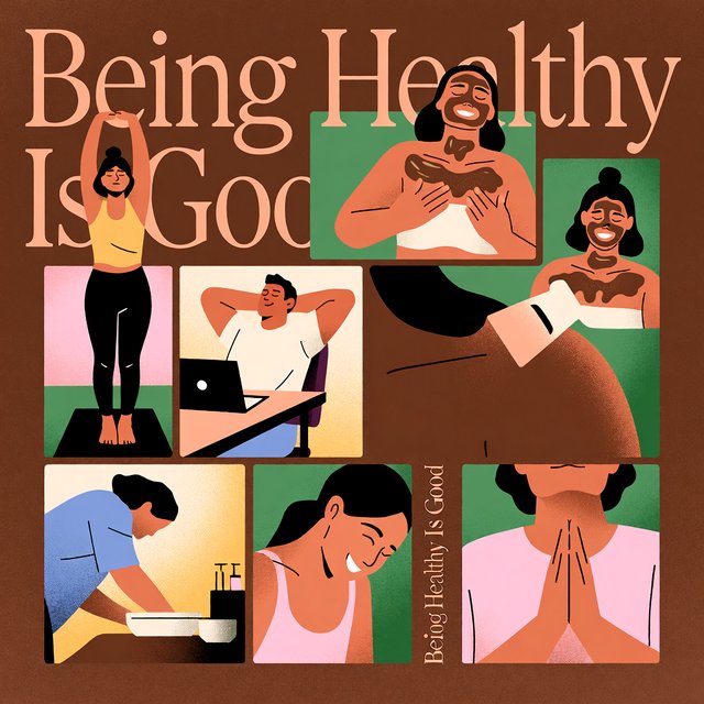 An image relating to good health and happiness. The words “Being Healthy Is Good” appear in the background at least a couple of times. 4–7 moments. — Krea 2 Medium
