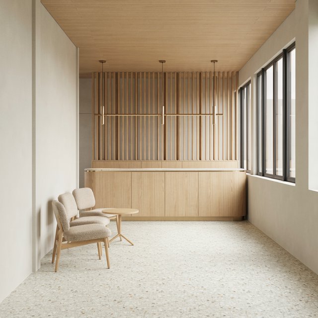 Inside an empty harbor café, restrained Danish modern design pairs ash slat screens, pale terrazzo, and brushed brass; overcast window light reaches the counter, viewed from the entrance, with aligned joinery and believable supports. — Model 8