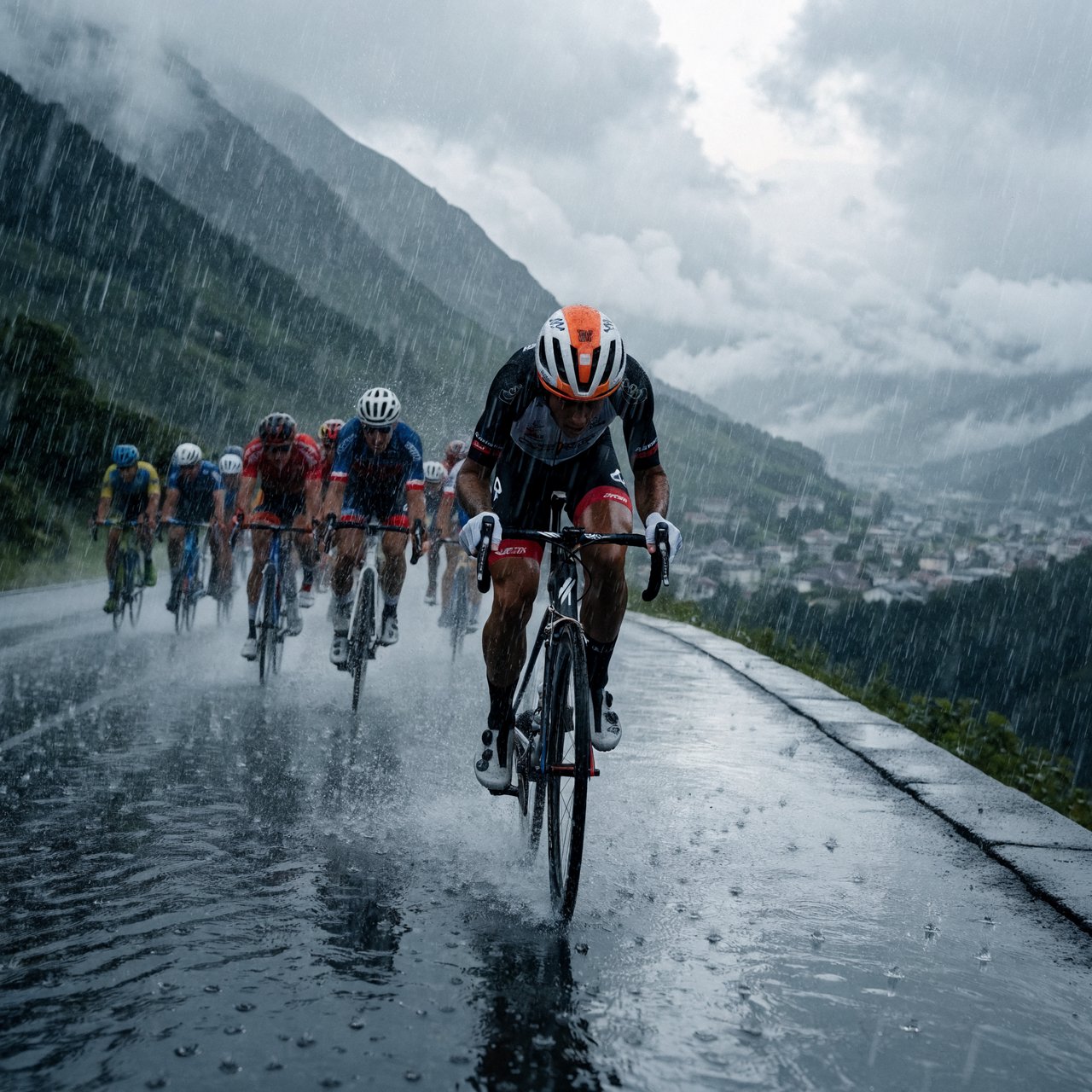 A frontal, close-up shot of a field of competitive cyclists ascending a mountain in the rain. In the background, we see a lush green valley with a small town. — Recraft v4 Pro