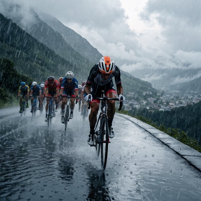 A frontal, close-up shot of a field of competitive cyclists ascending a mountain in the rain. In the background, we see a lush green valley with a small town. — Recraft v4 Pro