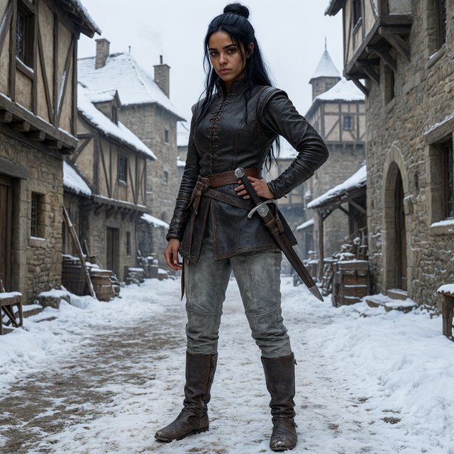 An eighteen-year-old woman. She has long straight black hair tied up, brown eyes, and dark skin. She is wearing a dark leather tunic, grey leather pants, and leather boots. She has a sheathed dagger on her hip, standing with her hands on her hips and looking at the viewer. She is standing in a snowy medieval city. — Model 18