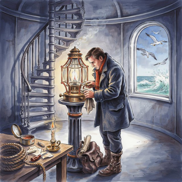 Ink-and-watercolour illustration of an adult lighthouse keeper repairing a brass lantern inside a windswept cliff tower, gulls circling beyond the window and sea spray glowing below. Palette of navy, rust, seafoam, and warm ivory, with expressive linework. — Ideogram v4