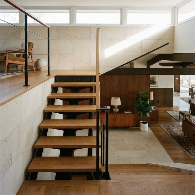 Beneath a pale limestone stairwell, a restrained mid-century modern interior frames a straight oak stair with blackened-steel stringers and limestone landings; afternoon clerestory light, viewed from the upper landing, reveals credible connections and aligned geometry. — Nano Banana 2 Lite