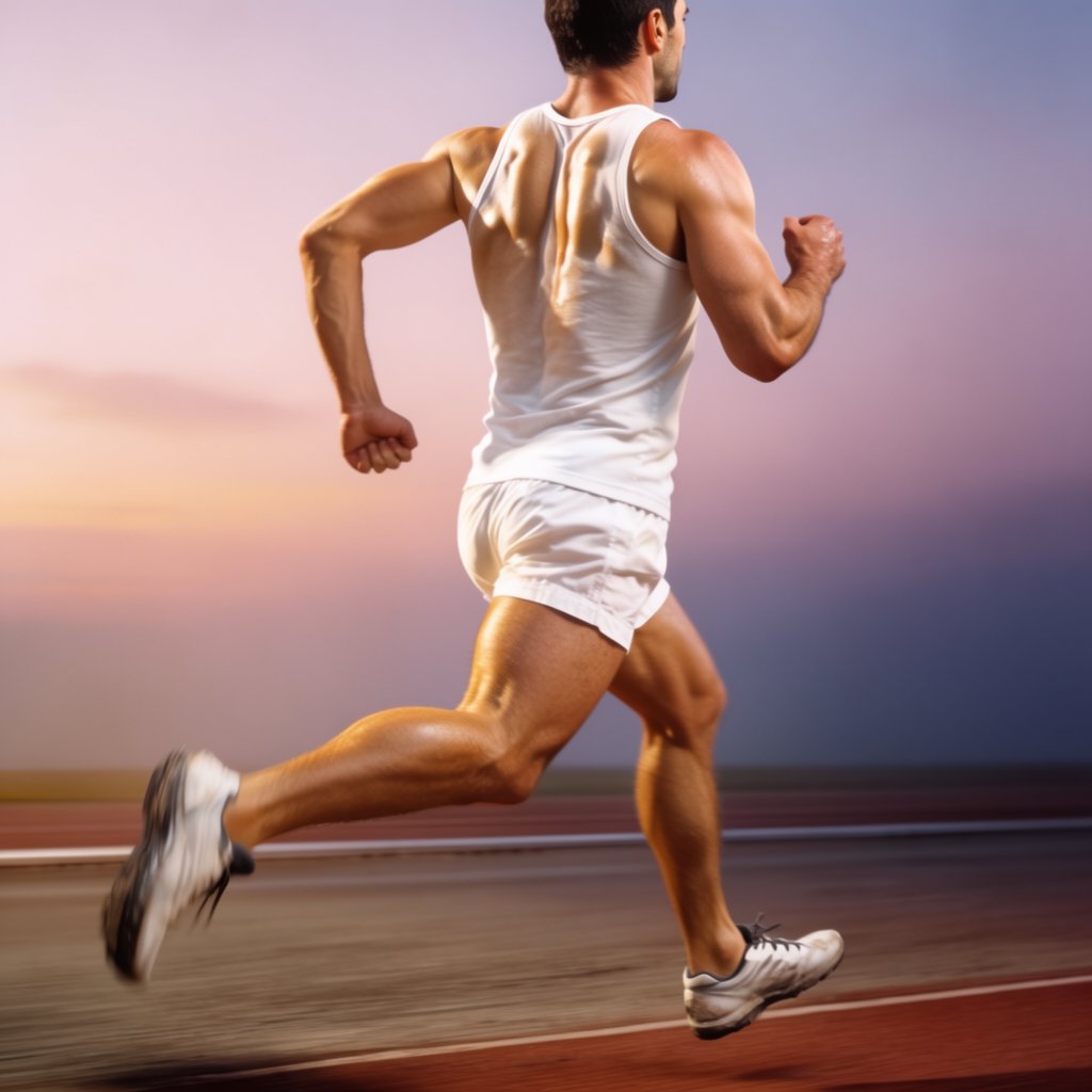 Adult male athlete in running shorts and a tank top mid-sprint on an outdoor track at dawn, muscles defined, motion captured sharply. — Krea 2 Large