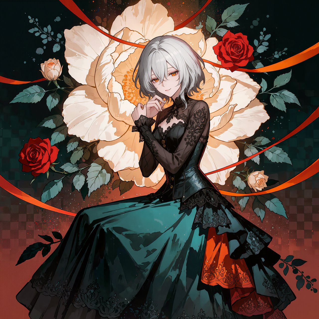 An elegant gothic woman sits sideways among oversized ivory blossoms, crimson roses, and dark teal foliage, turning toward the viewer with half-lidded amber eyes. She has a softly waved silver-white bob and a fitted black gown with lace, embroidered sleeves, and a sculpted corset. Deep-teal skirt folds reveal crimson lining and burnt-orange embroidery. Crimson ribbons with orange edging weave through the flowers, leaving breathing room around her pale face and hands. A deep-teal background fades into charcoal, with muted burnt-orange light behind her head, faint crimson haze below, and botanical shadows. Fine ordered dithering, delicate checkerboard patterns, and clustered pigment grains soften background transitions only; the woman and flowers remain smoothly painted. Crimson, deep teal, glowing orange, lacquer black, and warm ivory palette. Soft frontal fill, luminous hair, readable black fabric, subtle orange rim light, refined gothic anime, precise linework, dramatic floral framing — Kling v3