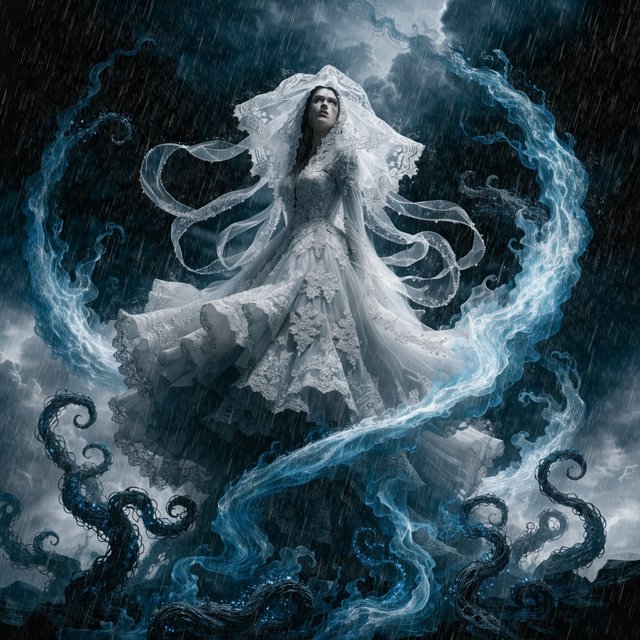 Baroque-style digital dark fantasy and cinematic Gothic horror; painterly realism, chiaroscuro à la Caravaggio; cool color palette of blues and turquoises, deep black shadows; swirling magical smoke, dynamic diagonal composition; intricate lace fabrics, detailed skin and creature textures; volumetric lighting, elegant, fluid movement; fantasy book cover illustration; dramatic storytelling, atmospheric depth. Gothic bride — Recraft v4