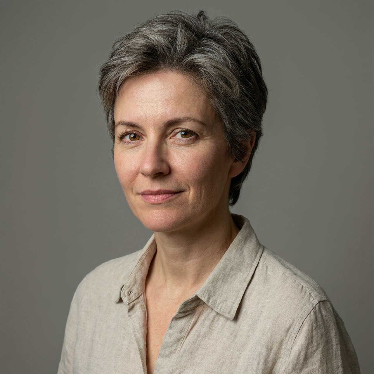 Studio portrait of a woman in her 40s with short grey hair and a linen shirt, Rembrandt lighting, neutral grey backdrop, slight smile. — Qwen Image 3.0 Pro