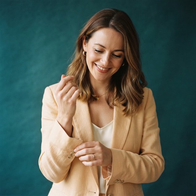 Portrait photograph of an adult woman in her early 30s wearing a pale apricot linen blazer, her hands gently smoothing its cuff. She looks quietly delighted against a deep teal paper backdrop, illuminated by soft, angled studio light. — Nano Banana 2 Lite