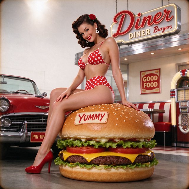 A 1950s pin-up-style photo of a bikini-clad woman sitting on a giant hamburger. — Seedream 5.0 Flash