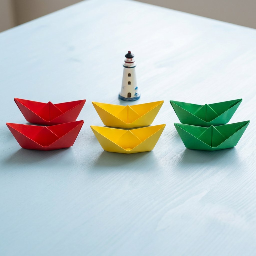 Exactly six folded paper boats sit on a pale blue tabletop: two red boats on the left, two yellow boats in the center, and two green boats on the right. A small white lighthouse figurine stands behind the center pair, nothing else. — Nano Banana 2.1