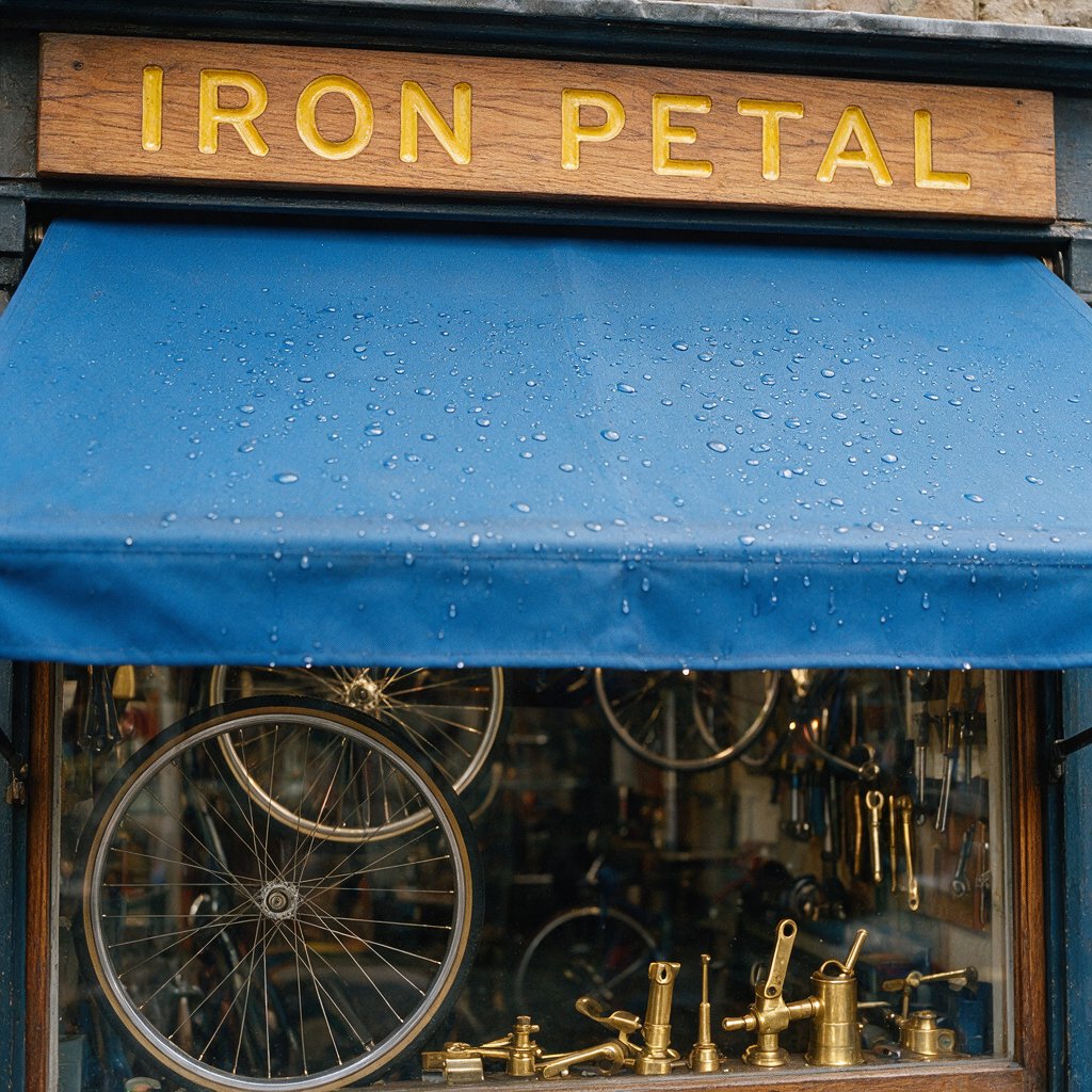Rain beads on a bicycle repair shop’s blue awning, with wheels and brass tools visible behind the glass; “IRON PETAL” is lettered in warm yellow enamel capitals across the wooden fascia. — Seedream 5.0 Pro