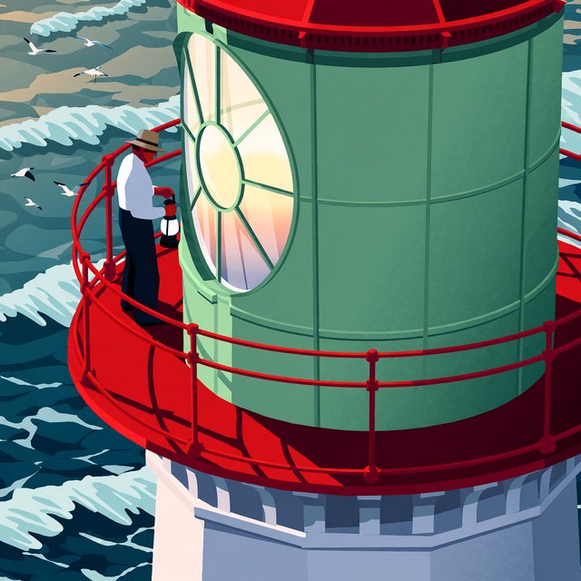 Flat-vector illustration of an adult lighthouse keeper polishing a brass lantern in a windswept tower, gulls circling beyond the glass and foam tracing black rocks below. Palette of sea-glass green, cream, vermilion, and navy. — Krea 2 Medium