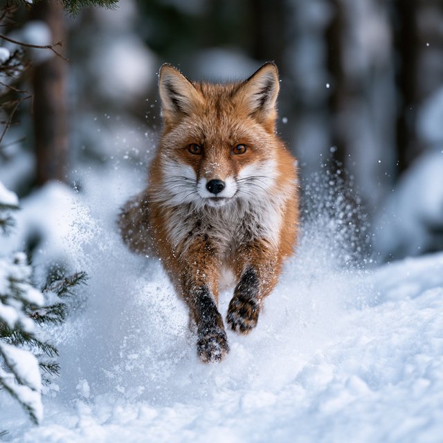 A red fox springs through powdery snow at the edge of a pine forest, ears forward and paws suspended. A real-world wildlife telephoto photograph in pale dawn light, 300mm lens, with snow crystals frozen midair. — Model 13