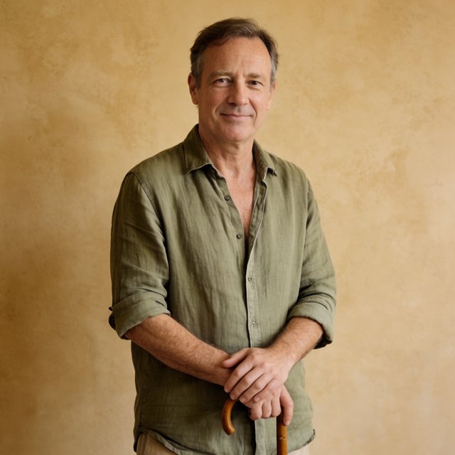 Portrait photograph of an adult man in his 40s with silver-streaked hair, wearing a textured olive linen shirt and rolled sleeves, hands resting on a wooden cane, relaxed expression, ochre plaster backdrop, soft window light from the side. — Krea 2 Large