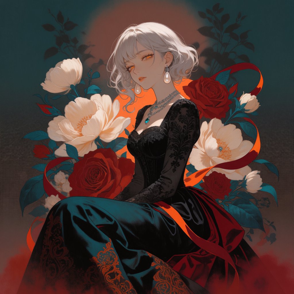 An elegant gothic woman sits sideways among oversized ivory blossoms, crimson roses, and dark teal foliage, turning toward the viewer with half-lidded amber eyes. She has a softly waved silver-white bob and a fitted black gown with lace, embroidered sleeves, and a sculpted corset. Deep-teal skirt folds reveal crimson lining and burnt-orange embroidery. Crimson ribbons with orange edging weave through the flowers, leaving breathing room around her pale face and hands. A deep-teal background fades into charcoal, with muted burnt-orange light behind her head, faint crimson haze below, and botanical shadows. Fine ordered dithering, delicate checkerboard patterns, and clustered pigment grains soften background transitions only; the woman and flowers remain smoothly painted. Crimson, deep teal, glowing orange, lacquer black, and warm ivory palette. Soft frontal fill, luminous hair, readable black fabric, subtle orange rim light, refined gothic anime, precise linework, dramatic floral framing — Krea 2 Medium