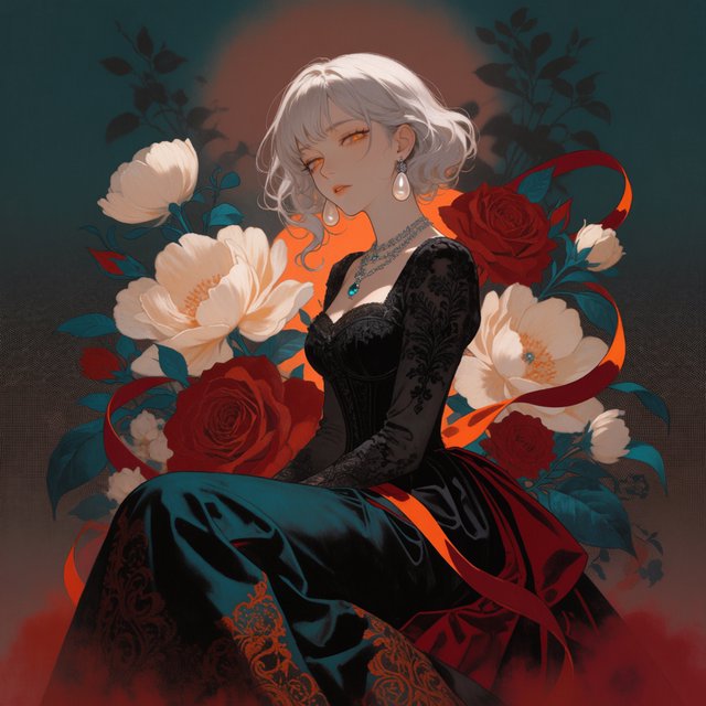 An elegant gothic woman sits sideways among oversized ivory blossoms, crimson roses, and dark teal foliage, turning toward the viewer with half-lidded amber eyes. She has a softly waved silver-white bob and a fitted black gown with lace, embroidered sleeves, and a sculpted corset. Deep-teal skirt folds reveal crimson lining and burnt-orange embroidery. Crimson ribbons with orange edging weave through the flowers, leaving breathing room around her pale face and hands. A deep-teal background fades into charcoal, with muted burnt-orange light behind her head, faint crimson haze below, and botanical shadows. Fine ordered dithering, delicate checkerboard patterns, and clustered pigment grains soften background transitions only; the woman and flowers remain smoothly painted. Crimson, deep teal, glowing orange, lacquer black, and warm ivory palette. Soft frontal fill, luminous hair, readable black fabric, subtle orange rim light, refined gothic anime, precise linework, dramatic floral framing — Krea 2 Medium