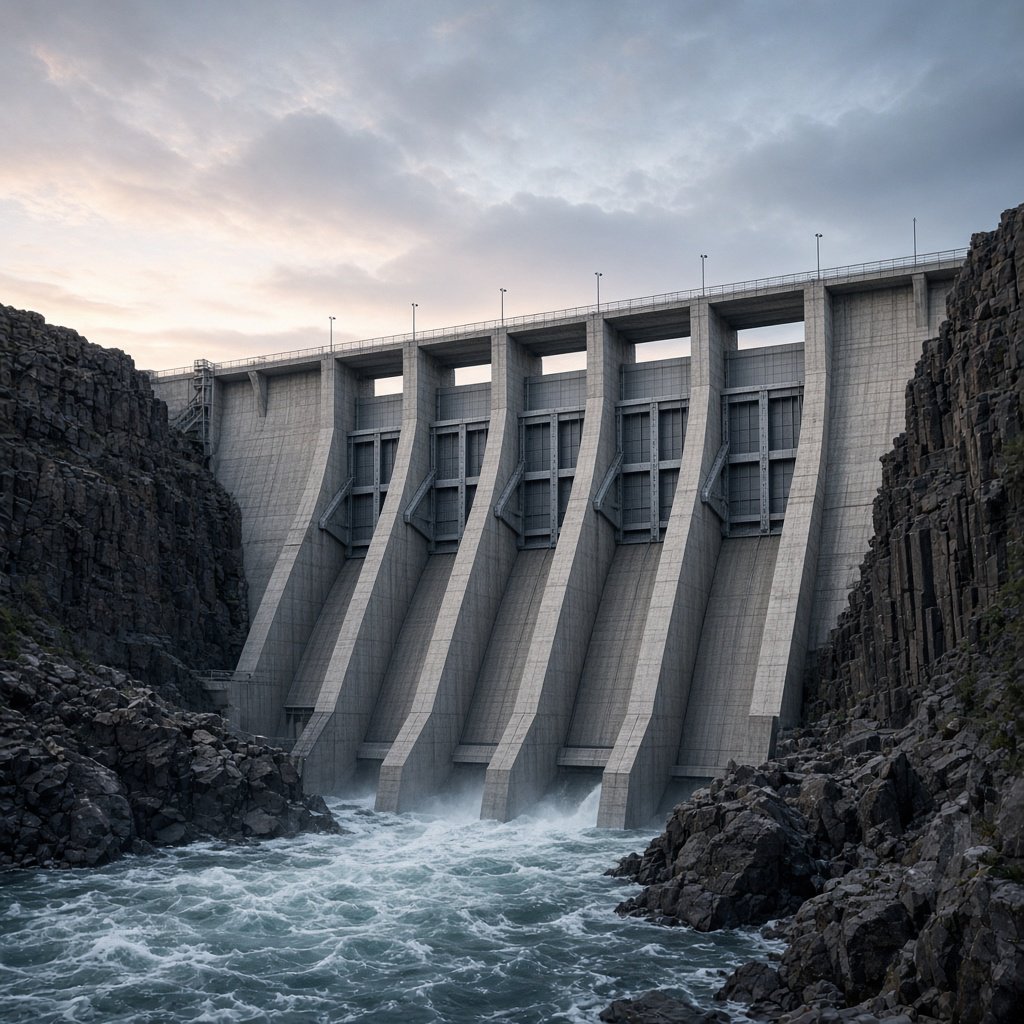 A broad hydroelectric dam in contemporary Brutalist engineering style spans a rocky gorge, its pale concrete face anchored by dark basalt abutments and steel gates; cool dawn light, viewed from downstream, with convincing load-bearing geometry. — Grok Imagine Image 2