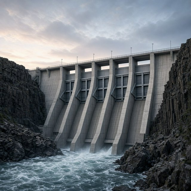A broad hydroelectric dam in contemporary Brutalist engineering style spans a rocky gorge, its pale concrete face anchored by dark basalt abutments and steel gates; cool dawn light, viewed from downstream, with convincing load-bearing geometry. — Model 5