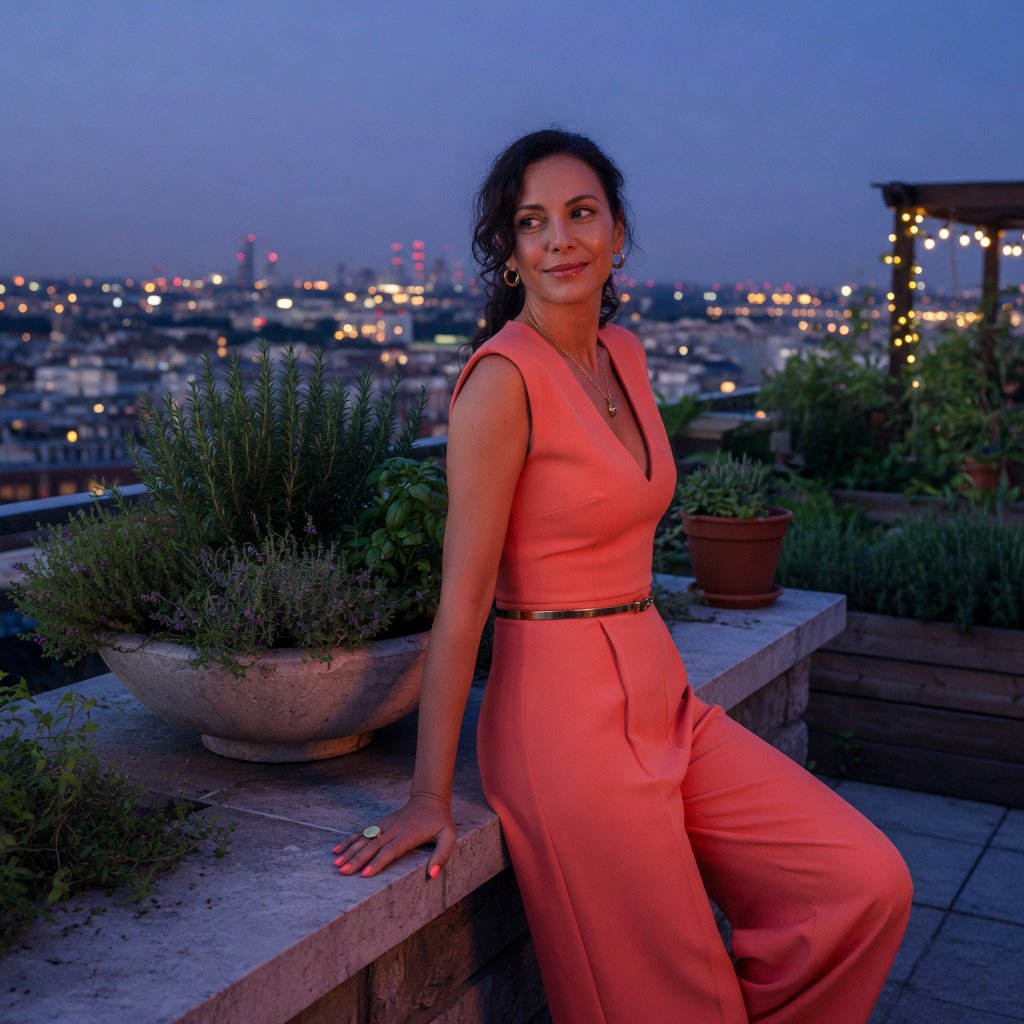 Editorial glamour photograph of an adult woman in a tailored coral evening jumpsuit on a rooftop herb garden at blue hour, resting one hand on a stone planter, flattering sunset glow, relaxed expression, city lights softly blurred behind her. — Grok Imagine Image Quality