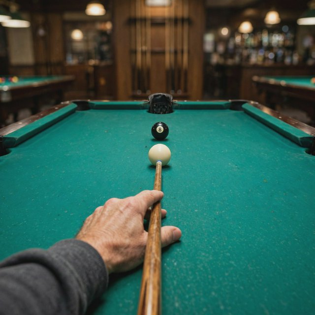 First-person perspective of an adult pool player’s left hand holding the cue, aiming the white cue ball at the black 8-ball and intending to pocket it in the center pocket. — Muse Image 1.0