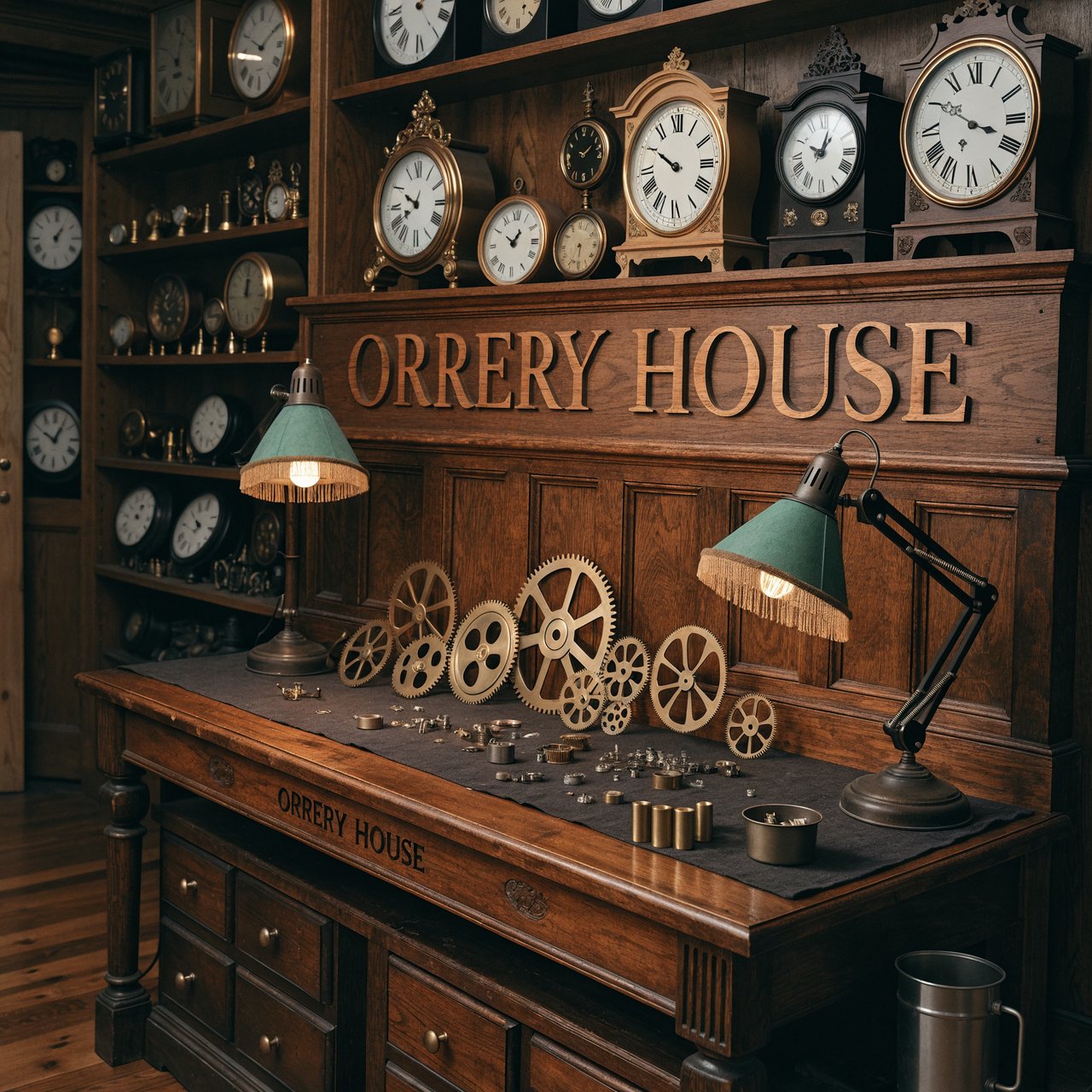 Inside a quiet clockmaker’s workshop, brass gears and tiny tools gleam beneath green-shaded lamps; "ORRERY HOUSE" is engraved in crisp serif letters on a dark walnut sign above the repair counter. — Recraft v4 Pro
