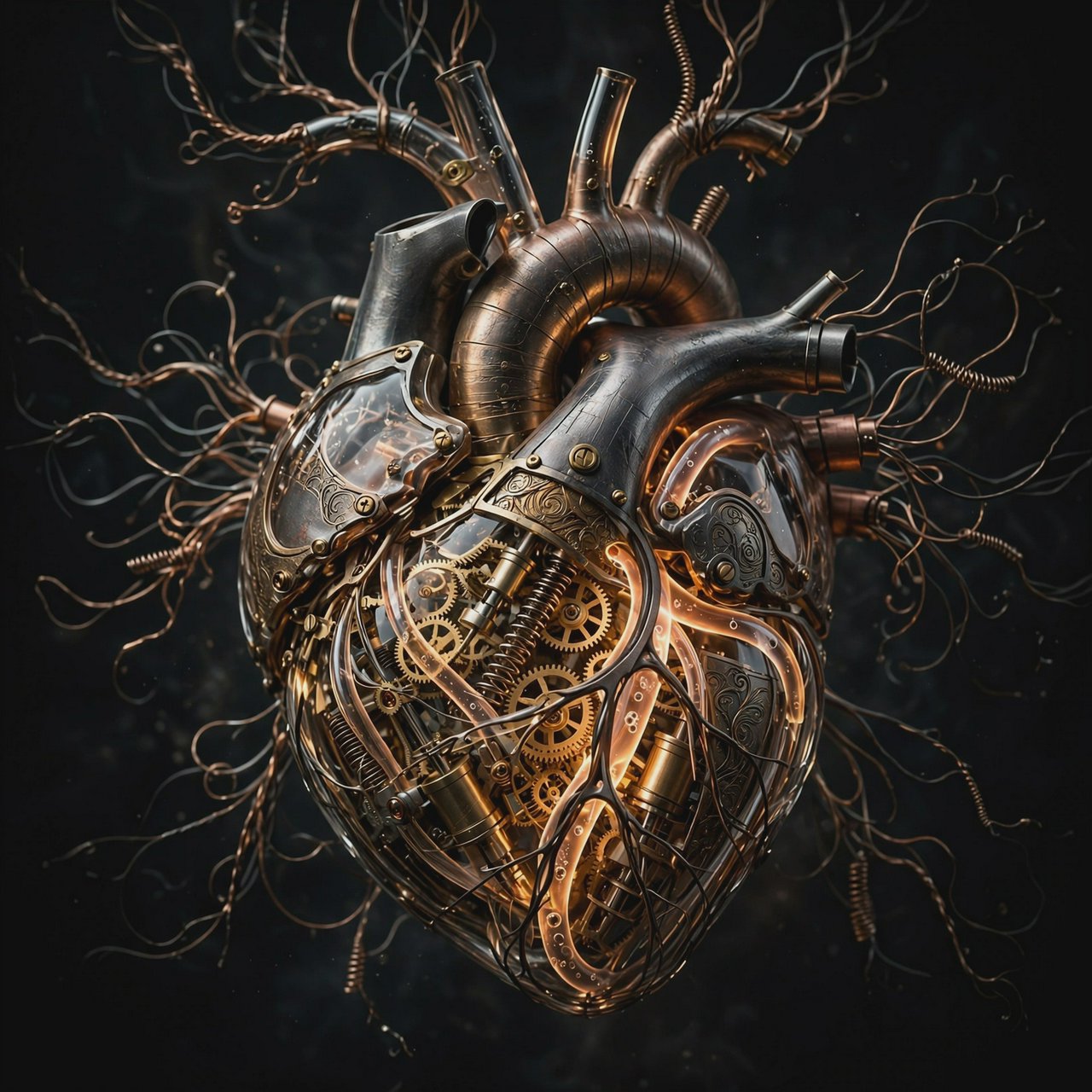 A beautifully intricate mechanical heart floating alone in deep darkness, designed like an exquisite piece of horological sculpture. Its polished brass, copper, and dark steel chambers are partially open, revealing layers of tiny interlocking gears, delicate springs, pistons, and precision mechanisms within. Sections of crystal-clear glass expose deeper workings, while slender tubes carry a faintly glowing fluid through the heart like an artificial bloodstream. Tiny gears turn and pistons move, suggesting that the heart is genuinely functioning. Fine mechanical filaments curl outward like veins and arteries, catching subtle highlights from the warm inner glow. Elegant steampunk aesthetic, dramatic cinematic lighting, rich metallic textures, intricate reflections, mysterious atmosphere. — Muse Image 1.0