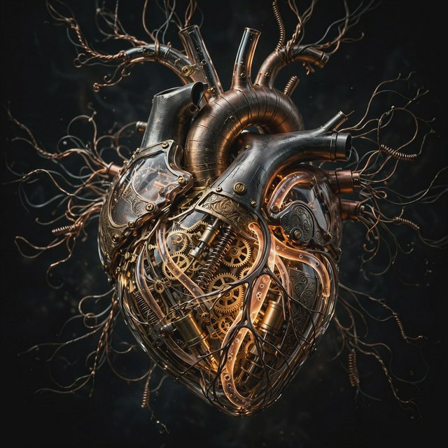 A beautifully intricate mechanical heart floating alone in deep darkness, designed like an exquisite piece of horological sculpture. Its polished brass, copper, and dark steel chambers are partially open, revealing layers of tiny interlocking gears, delicate springs, pistons, and precision mechanisms within. Sections of crystal-clear glass expose deeper workings, while slender tubes carry a faintly glowing fluid through the heart like an artificial bloodstream. Tiny gears turn and pistons move, suggesting that the heart is genuinely functioning. Fine mechanical filaments curl outward like veins and arteries, catching subtle highlights from the warm inner glow. Elegant steampunk aesthetic, dramatic cinematic lighting, rich metallic textures, intricate reflections, mysterious atmosphere. — Muse Image 1.0