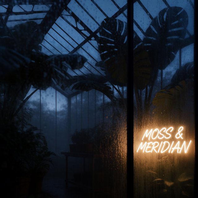 Inside a rooftop greenhouse at blue hour, tropical leaves crowd iron beams above a quiet potting bench; "MOSS & MERIDIAN" glows in warm amber neon along the glass entrance, with rain beads catching the light. — Krea 2 Medium