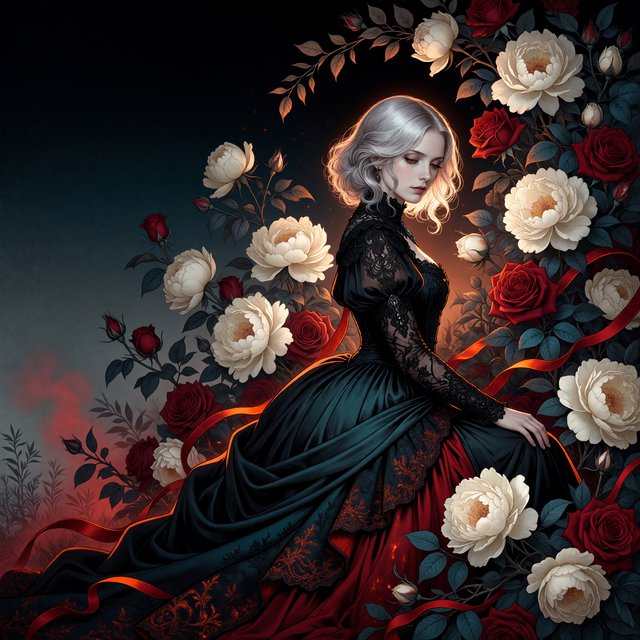 An elegant gothic woman sits sideways among oversized ivory blossoms, crimson roses, and dark teal foliage, turning toward the viewer with half-lidded amber eyes. She has a softly waved silver-white bob and a fitted black gown with lace, embroidered sleeves, and a sculpted corset. Deep-teal skirt folds reveal crimson lining and burnt-orange embroidery. Crimson ribbons with orange edging weave through the flowers, leaving breathing room around her pale face and hands. A deep-teal background fades into charcoal, with muted burnt-orange light behind her head, faint crimson haze below, and botanical shadows. Fine ordered dithering, delicate checkerboard patterns, and clustered pigment grains soften background transitions only; the woman and flowers remain smoothly painted. Crimson, deep teal, glowing orange, lacquer black, and warm ivory palette. Soft frontal fill, luminous hair, readable black fabric, subtle orange rim light, refined gothic anime, precise linework, dramatic floral framing — ImagineArt 1.5 Pro