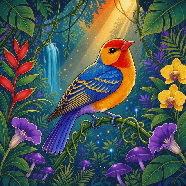 Create a vibrant digital artwork with clean lines depicting a small, colorful bird in the jungle. Combine rich, warm tones—such as soft orange, bold red, and dynamic yellow—with cool colors like brilliant blue, emerald green, and radiant violet. The atmosphere should feel fairytale-like, enhanced by striking lighting that underscores the scene's magic. Use bright, bold colors harmoniously to create a balanced composition. The overall style should be imaginative and captivating, transporting the viewer to another world. — FLUX 3 Image