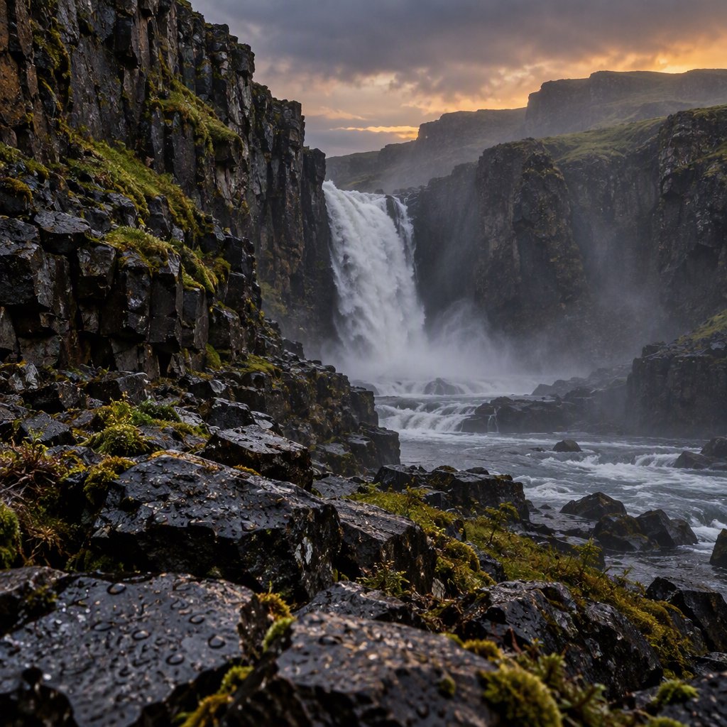 After a passing squall, a waterfall drops through a narrow basalt gorge at dusk, its white plume breaking against dark ledges; rain-beaded moss and sharp foreground stones lead toward cliffs fading behind drifting spray. — GPT Image 2.5 Sunburst