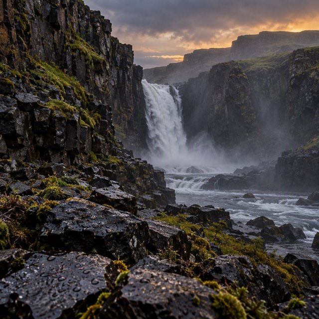 After a passing squall, a waterfall drops through a narrow basalt gorge at dusk, its white plume breaking against dark ledges; rain-beaded moss and sharp foreground stones lead toward cliffs fading behind drifting spray. — GPT Image 2.5 Sunburst