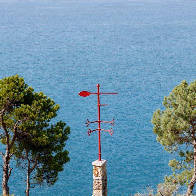 At a coastal overlook, a small red weather vane stands on a stone post. Exactly two dark-green pine trees line the left edge and one pale-green pine tree stands at the right edge; a blue sea fills the background, nothing else. — Model 2