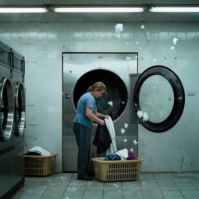 Candid documentary photograph of an adult woman sorting clothes in a self-service laundromat, cool fluorescent light, 35mm lens with moderate depth of field, loose lint suspended above a tumbling machine, worn baskets and tiled walls rendered naturally. — Kling v3