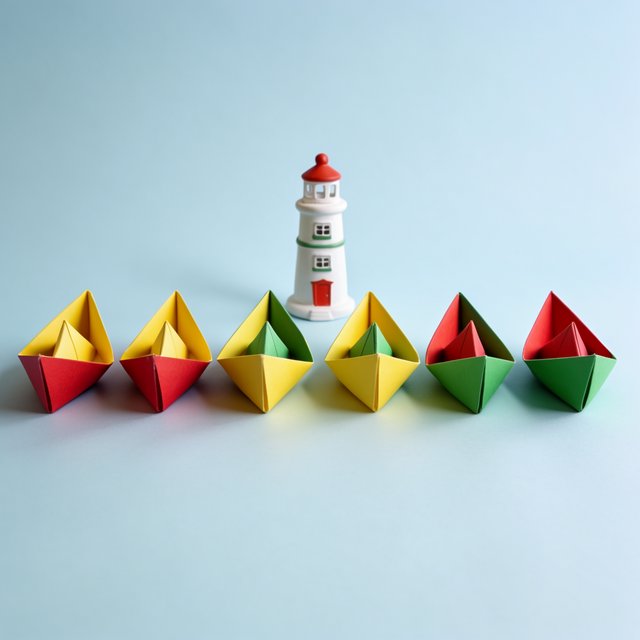 Exactly six folded paper boats sit on a pale blue tabletop: two red boats on the left, two yellow boats in the center, and two green boats on the right. A small white lighthouse figurine stands behind the center pair, nothing else. — Krea 2 Large
