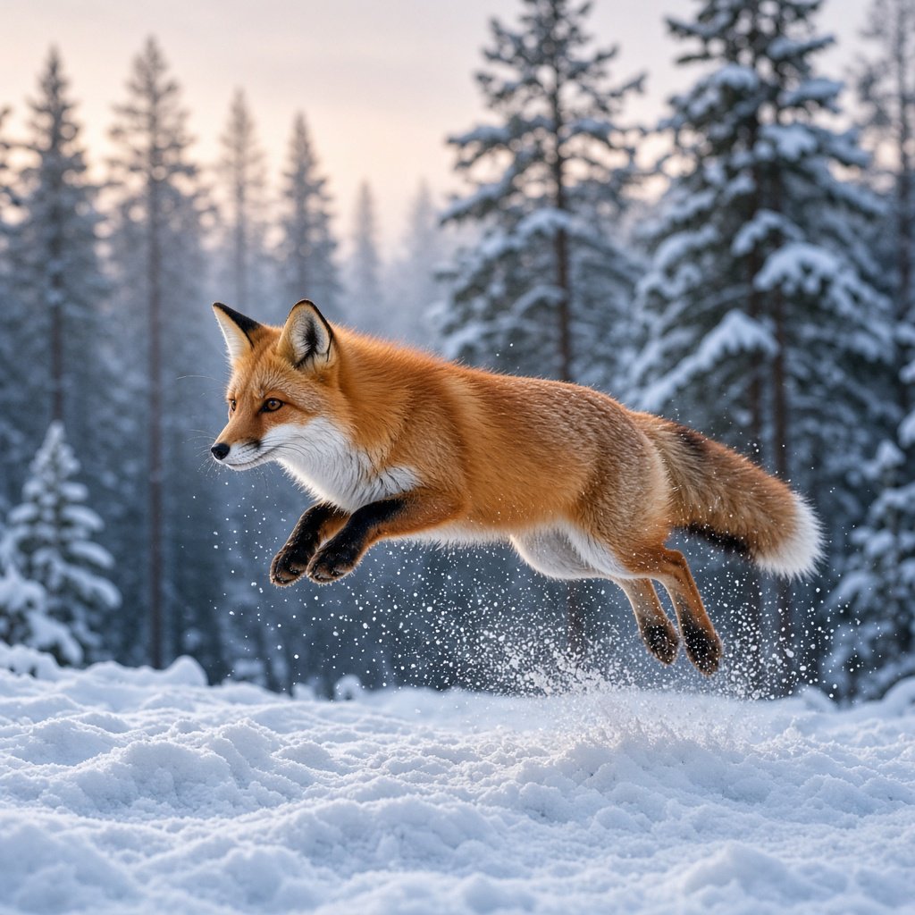 A red fox springs through powdery snow at the edge of a pine forest, ears forward and paws suspended. A real-world wildlife telephoto photograph in pale dawn light, 300mm lens, with snow crystals frozen midair. — Grok Imagine Image 2