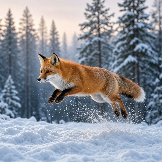 A red fox springs through powdery snow at the edge of a pine forest, ears forward and paws suspended. A real-world wildlife telephoto photograph in pale dawn light, 300mm lens, with snow crystals frozen midair. — Model 5