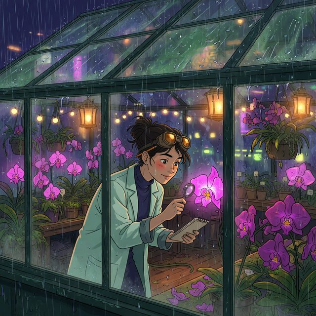 Rain beads on a rooftop greenhouse as an adult botanist studies luminous night-blooming orchids beneath glass panes; cel-shaded anime illustration in digital paint, palette of jade, magenta, indigo, and warm amber. — Grok Imagine Image Quality