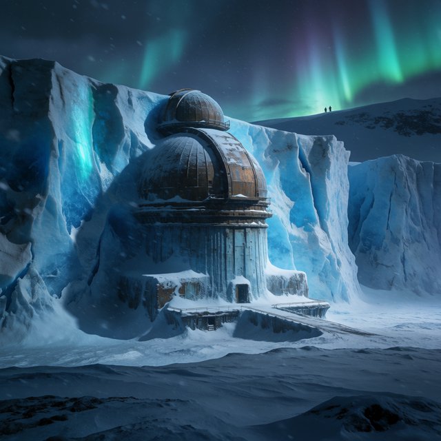 An abandoned observatory carved into a glacier, its bronze domes protruding from blue ice, aurora light filtering through crevasses, tiny adult explorers on a distant ridge emphasizing immense scale, drifting snow and deep polar shadows. — Krea 2 Medium