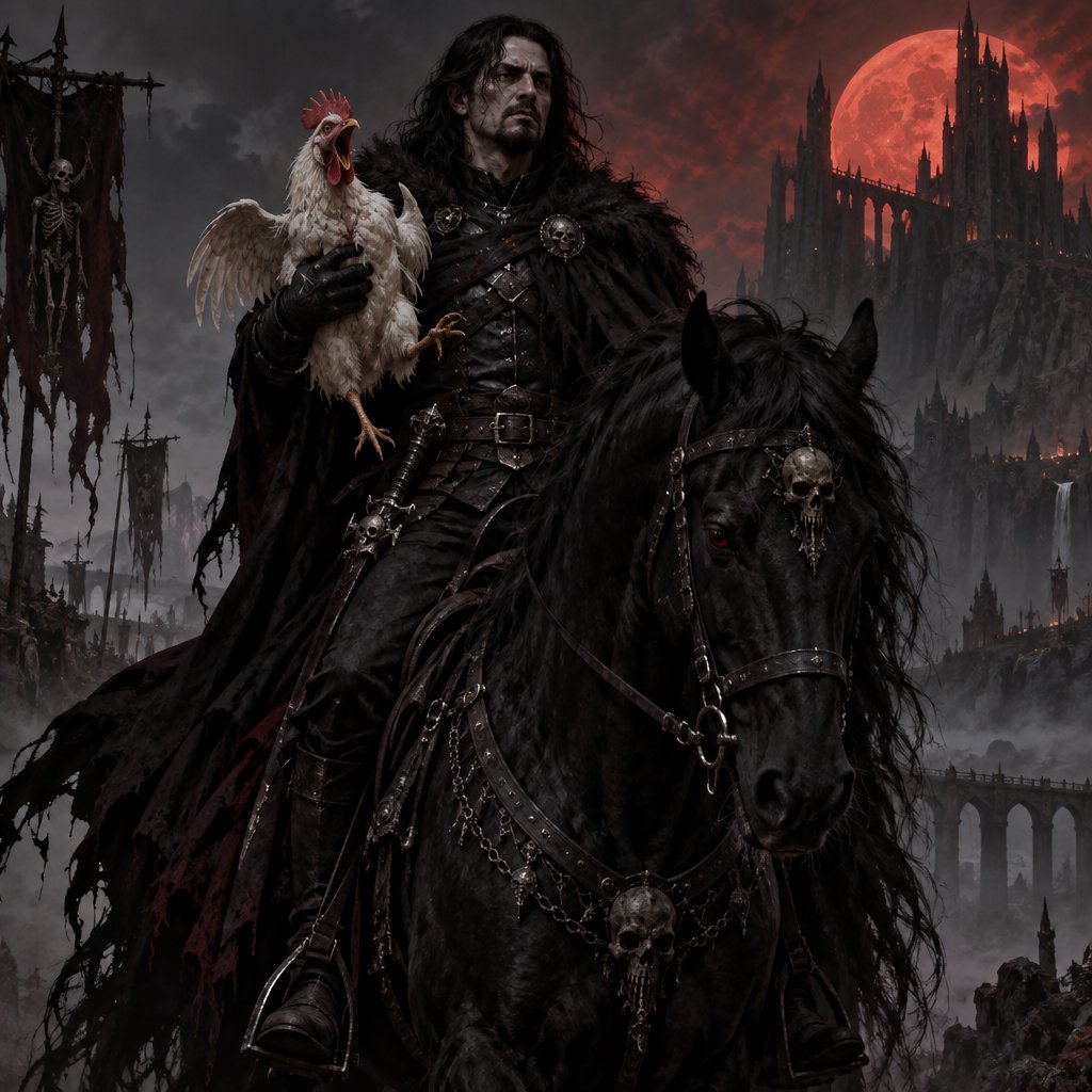 A man riding a horse, holding a screaming chicken, in dark gothic fantasy. — GPT Image 2.5 Sunburst