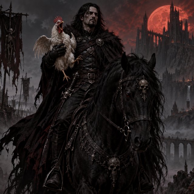 A man riding a horse, holding a screaming chicken, in dark gothic fantasy. — Model 3