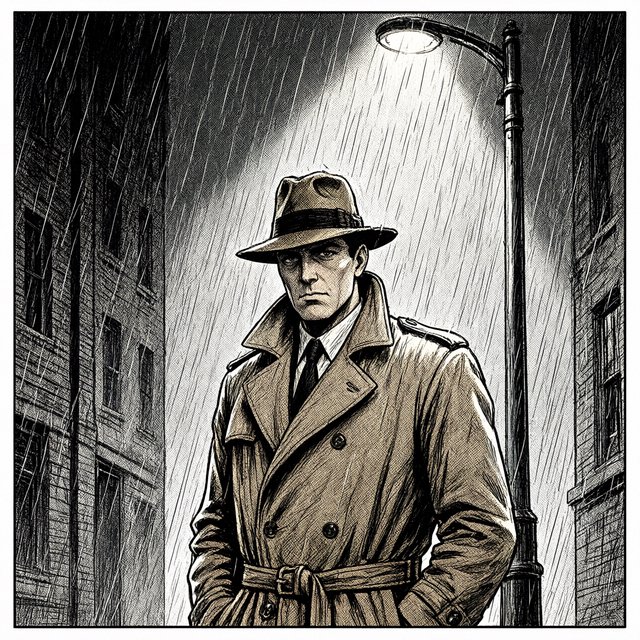 Comic panel of a detective in a trench coat under a streetlamp in the rain, bold ink, halftone shading, no speech bubbles. — Qwen Image 3.0 Pro