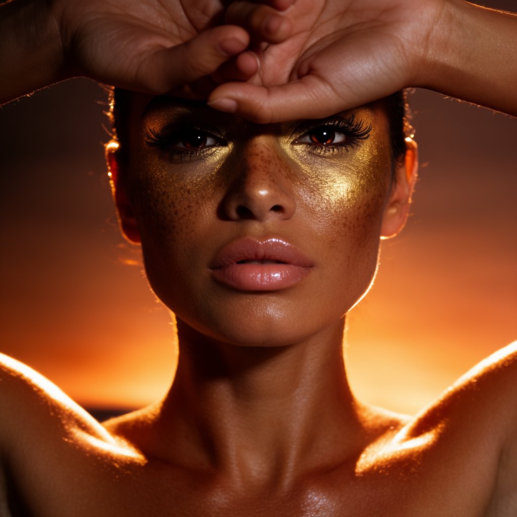 Beauty close-up of an adult woman with bronzed skin and gold eye makeup, bare shoulders, studio backlight halo, high-end campaign look. — Krea 2 Large